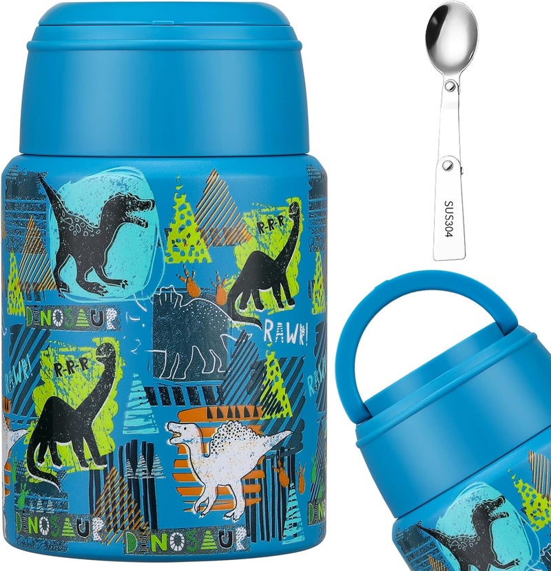 Aimsnk 17oz Soup Thermo for Hot Food Kids Insulated Food Jar,Thermo Hot Food Lunch Container, Width Mouth Stainless Steel Lunch Box for Kids with Handle Folding Spoon(Blue - Dinosaur) - Image 1